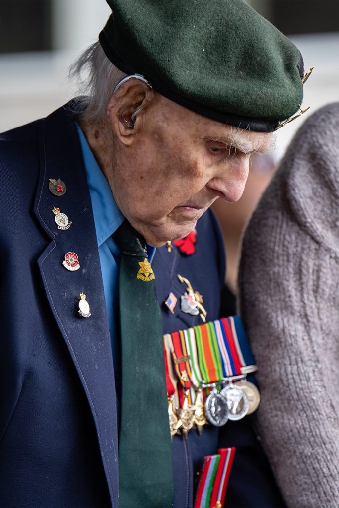 Victor Osborne bows his head during the Remembrance Day ceremony in Nanaimo on Nov. 11, 2024. A British veteran of the Spanish Civil War and the Second World War Osborne was born on Nov. 11, 1918 and turned 106 on Monday. 
