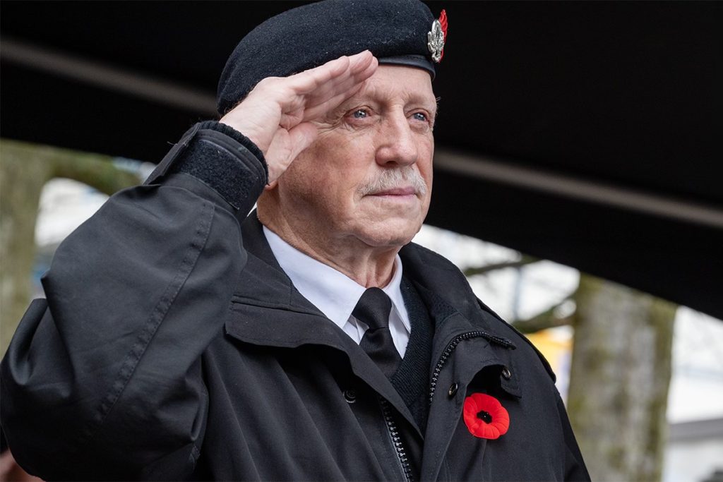 A veteran salutes during the Remembrance Day ceremony in Nanaimo on Nov. 11, 2024.
