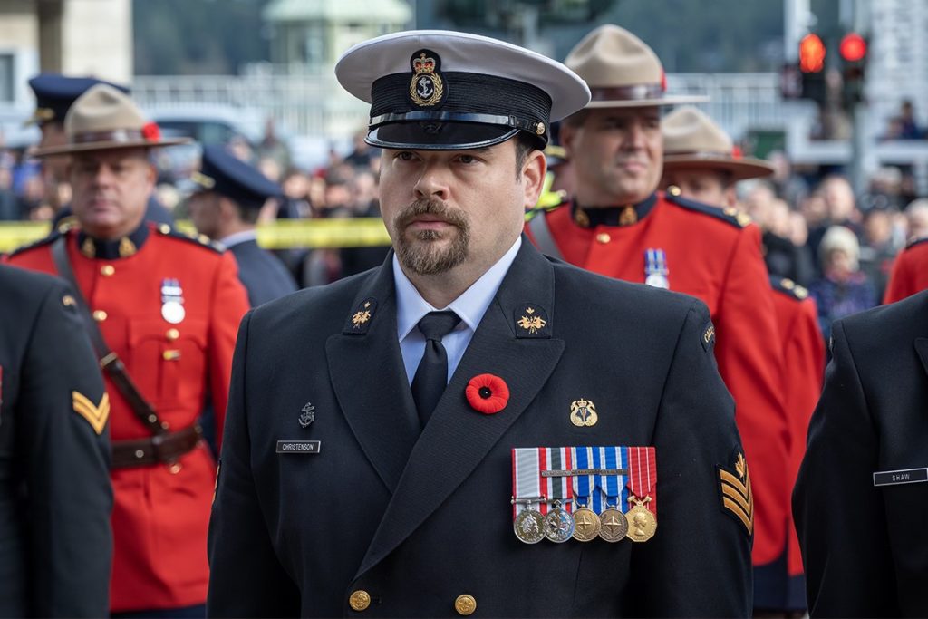 A Petty Officer, 2nd Class stands at attention during the Remembrance Day ceremony in Nanaimo on Nov. 11, 2024. 