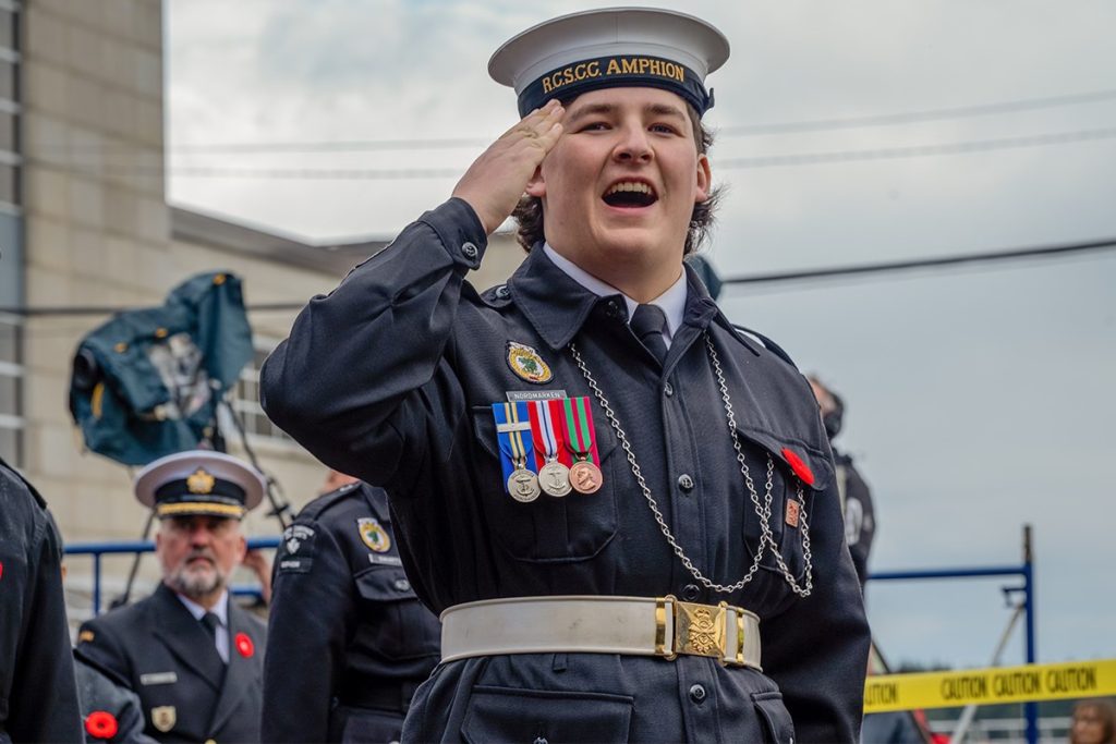 A Sea Cadet salutes during the Remembrance Day parade in Nanaimo on Nov. 11, 2024.
