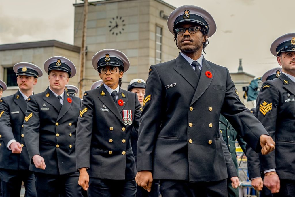 Sailors from the Canadian Navy march in the Remembrance Day parade in Nanaimo on Nov. 11, 2024.