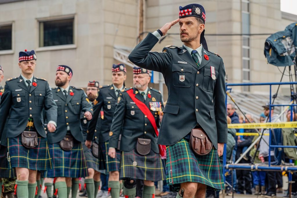 Soldiers from the Canadian Scottish Regiment march during the Remembrance Day parade in Nanaimo on Nov. 11, 2024.