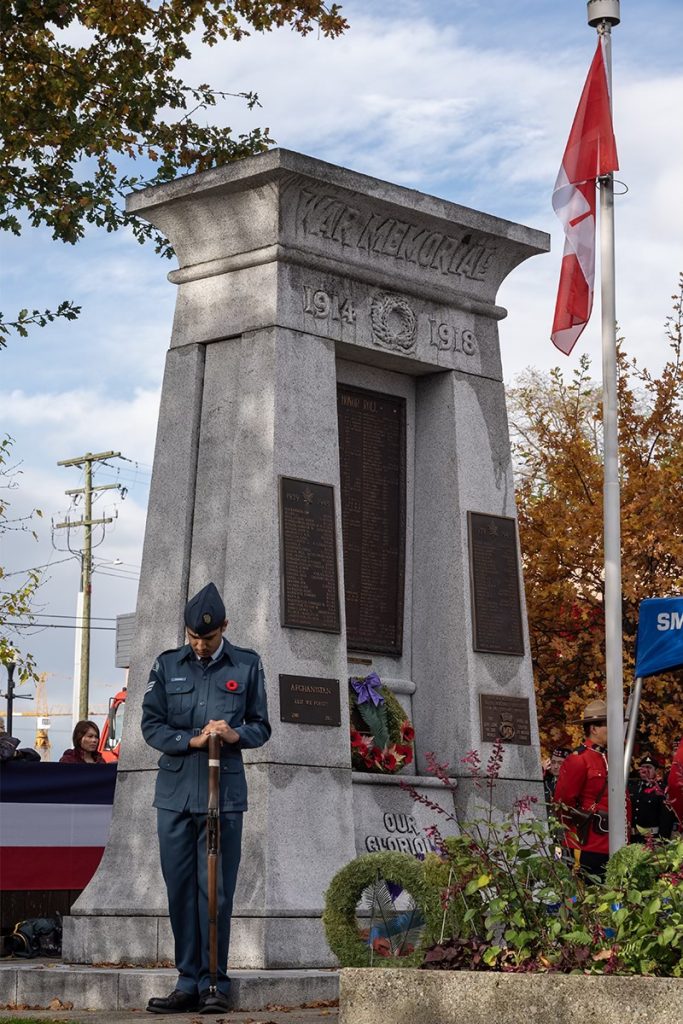 An Air Cadet guards the Cenotaph in downtown Nanaimo before the Remembrance Day ceremony on Nov. 11, 2024,. 