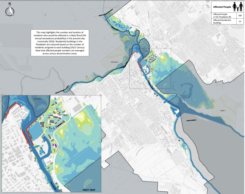 A flood consequence map of Courtenay, showing the impact of a likely present-day flood event. Residential buildings within the floodplain are shaded with colours that represent the number of residents impacted.