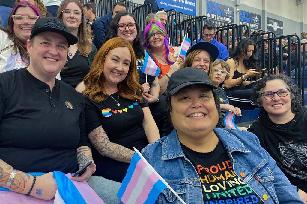 A group of friends from The Coast is Queer cheer on the VIU Mariners women’s basketball team and its star forward Harriette Mackenzie on Nov. 8, 2024. Photo by Mick Sweetman