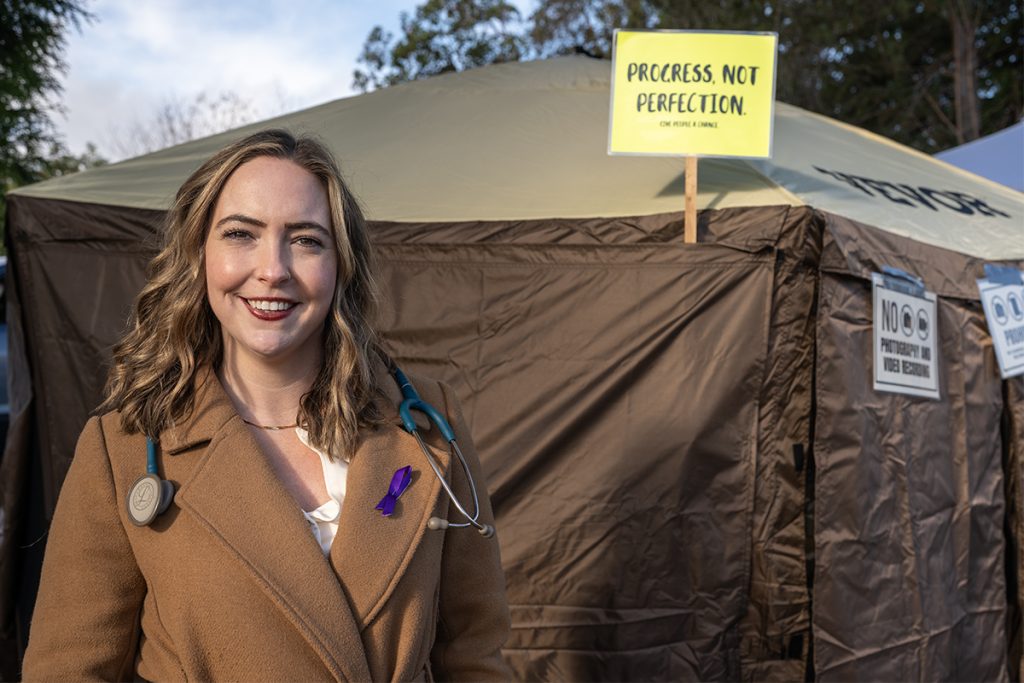 Dr. Jess Wilder, a family and addictions medicine doctor, helped organize an unsanctioned overdose prevention site across from Nanaimo Regional General Hospital on Monday, Nov. 18, 2024. She and other addiction medicine doctors are calling on Island Health to set up permanent sites on hospital grounds so patients who use drugs can remain admitted to hospital. Photo by Mick Sweetman / The Discourse.