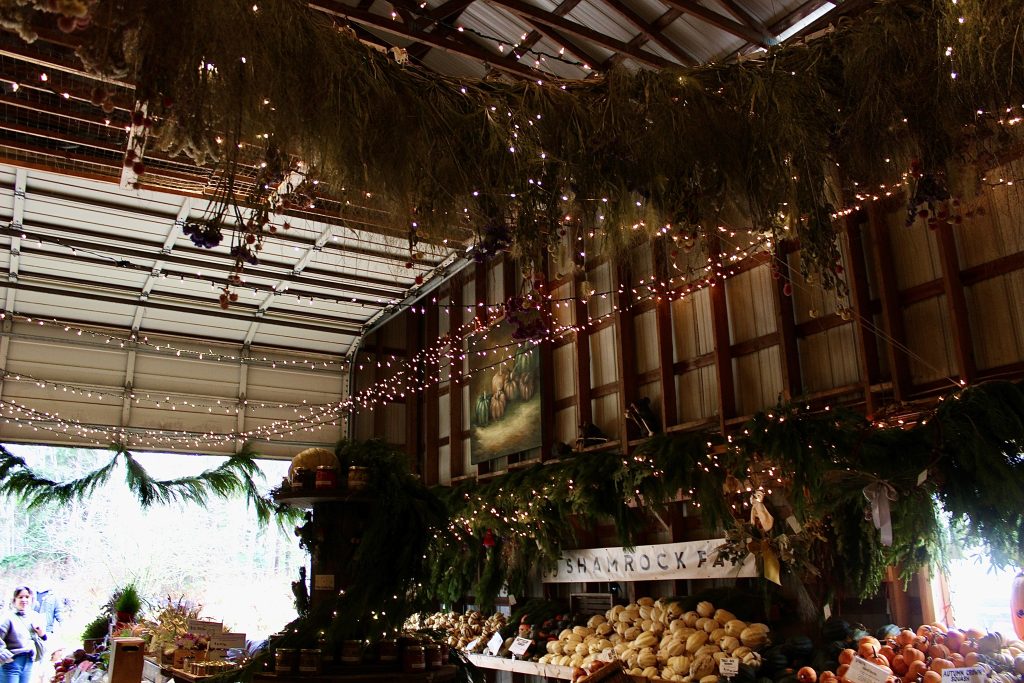 Inside a dimly-lit barn full of Christmas-style twinkle lights at Shamrock Farm in Comox. There is food laid out to purchase.
