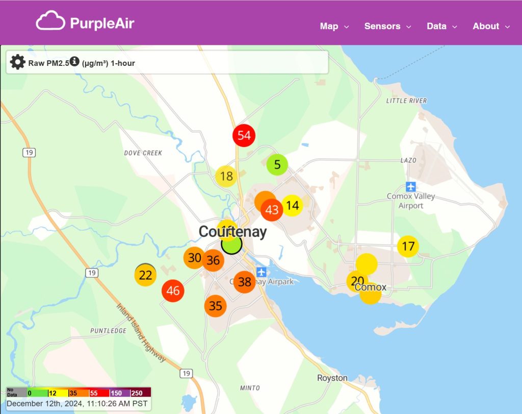 Screenshot of the Comox Valley's air quality from PurpleAir on Dec. 12. Orange and yellow dots are scattered throughout the map indicating poorer air quality.