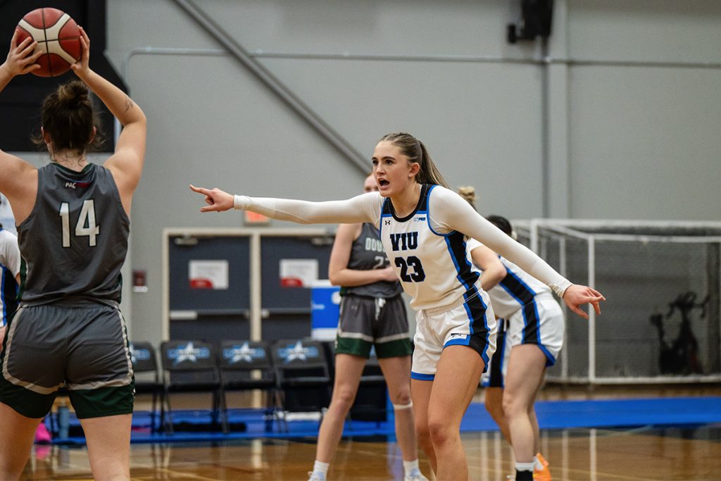 VIU women's basketball team forward Harriette Mackenzie plays defence.