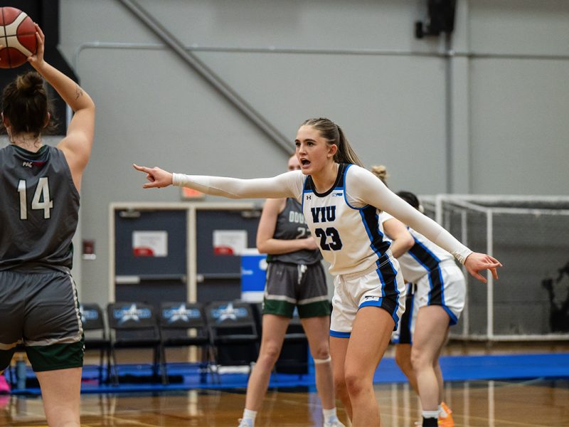VIU women's basketball team forward Harriette Mackenzie plays defence.