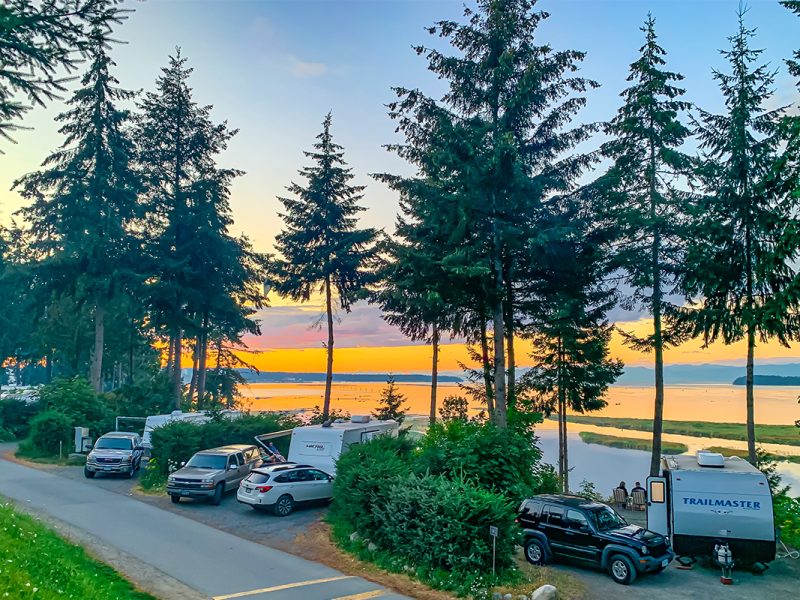 Photo of RVs parked in the Living Forest Oceanside Campground under trees and an ocean sunset.