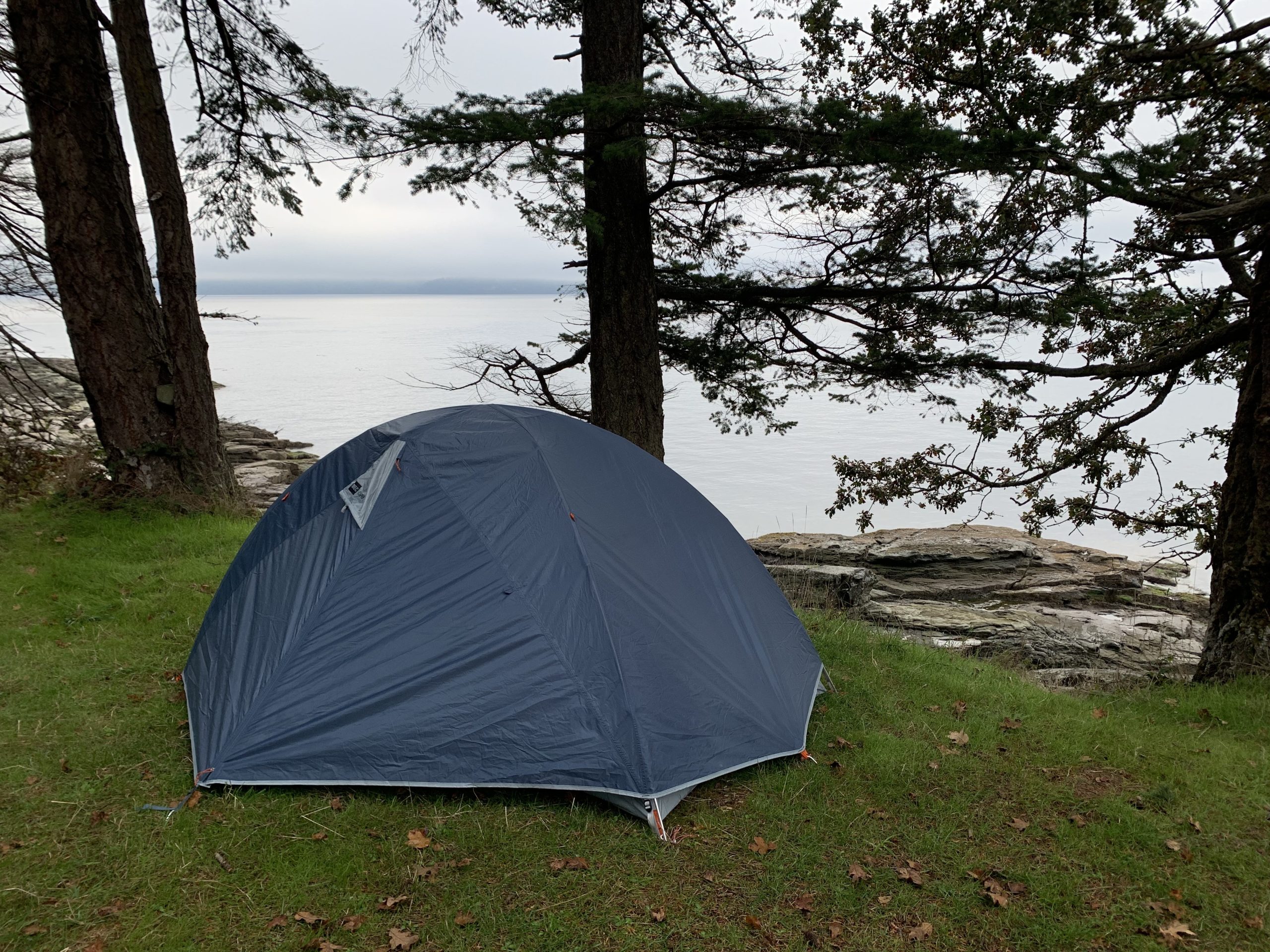 A photo of tent at a campground in on an island.