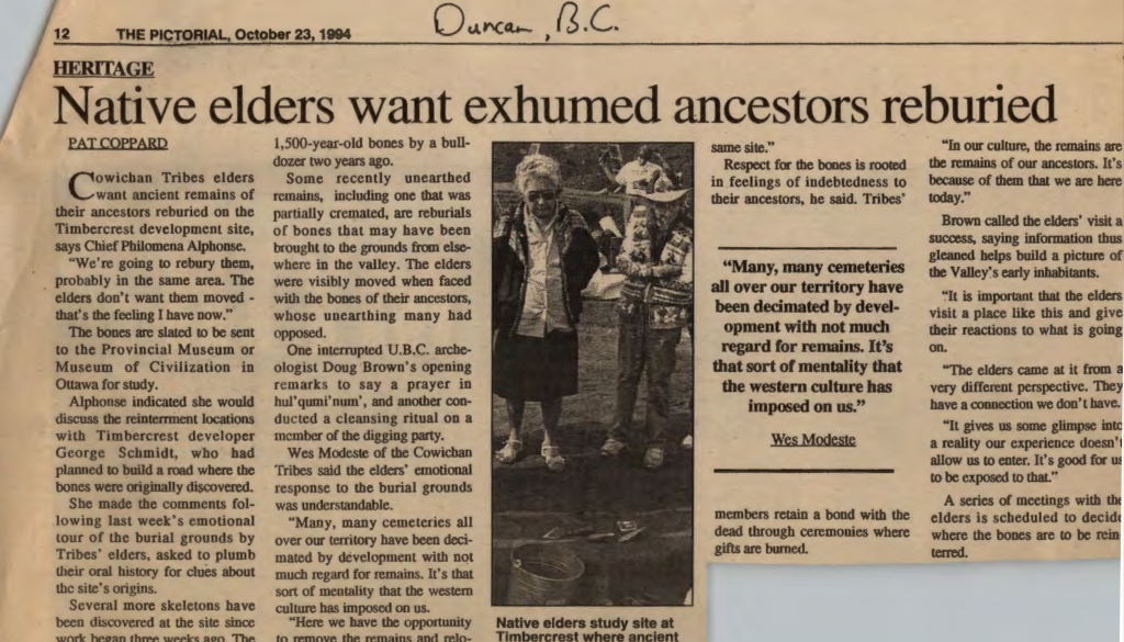 A 1994 newspaper clipping from The Pictorial shares Quw'uts'un Elders’ responses to the archaeological dig at the Yey’yumnuts site