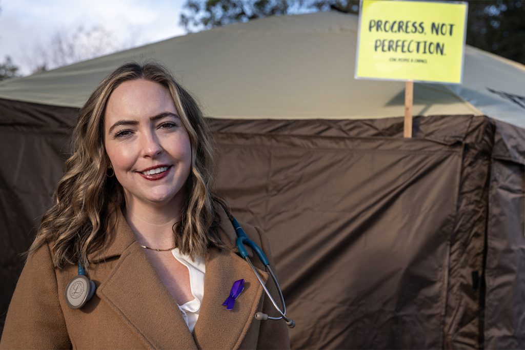 Dr. Jess Wilder, a family and addictions medicine doctor, helped organize an unsanctioned overdose prevention site across from Nanaimo Regional General Hospital on Monday, Nov. 18, 2024. She and other addiction medicine doctors are calling on Island Health to stand up permanent sites in hospitals on Vancouver Island. Photo by Mick Sweetman / The Discourse.