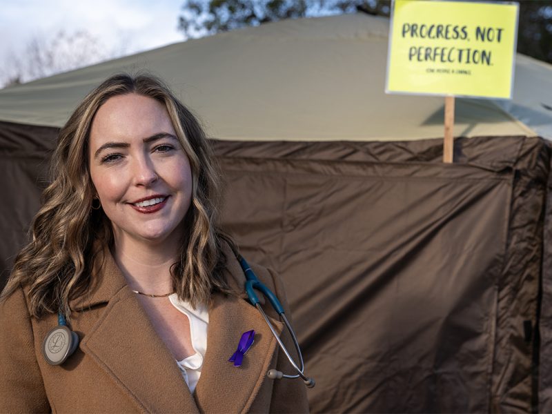 Dr. Jess Wilder, a family and addictions medicine doctor, helped organize an unsanctioned overdose prevention site across from Nanaimo Regional General Hospital on Monday, Nov. 18, 2024. She and other addiction medicine doctors are calling on Island Health to stand up permanent sites in hospitals on Vancouver Island. Photo by Mick Sweetman / The Discourse.