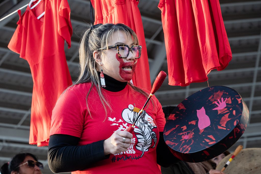 Leah Vaisanen drums at the 2025 march in Nanaimo to remember missing and murdered Indigenous women and girls MMIWG2S+ on Friday, Feb. 14. 