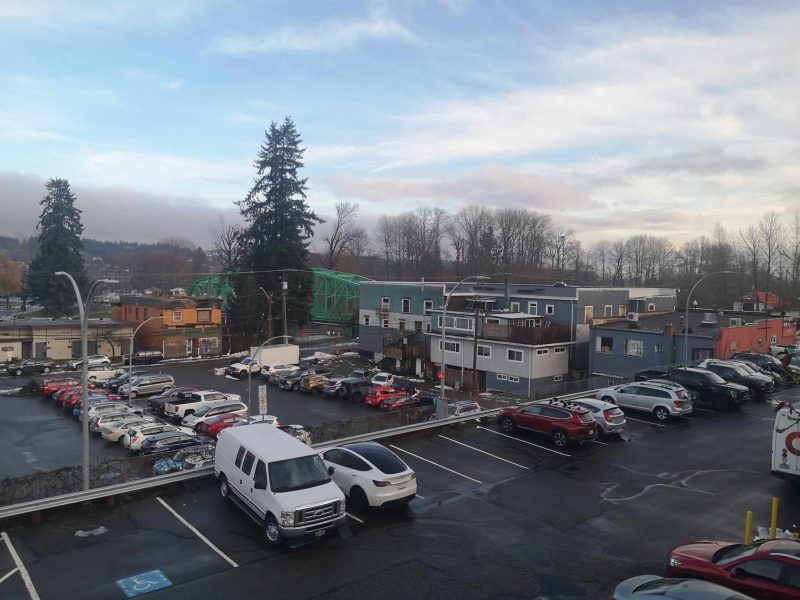 View from parking lot looking down onto The City of Courtenay