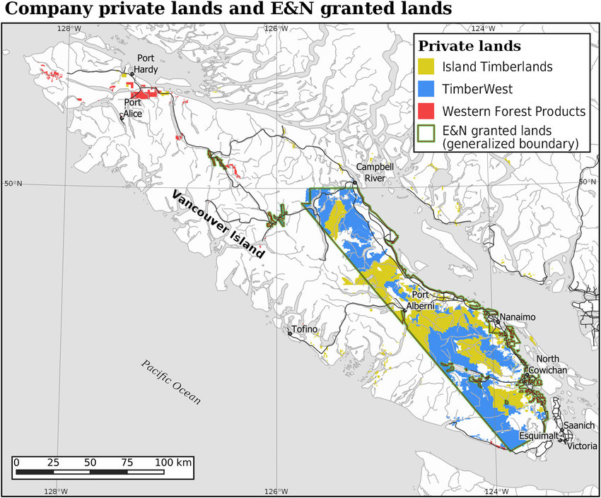 A map of private company lands owned by Island Timberlands, TimberWest and Western Forest Products and E&N granted lands on Vancouver Island.