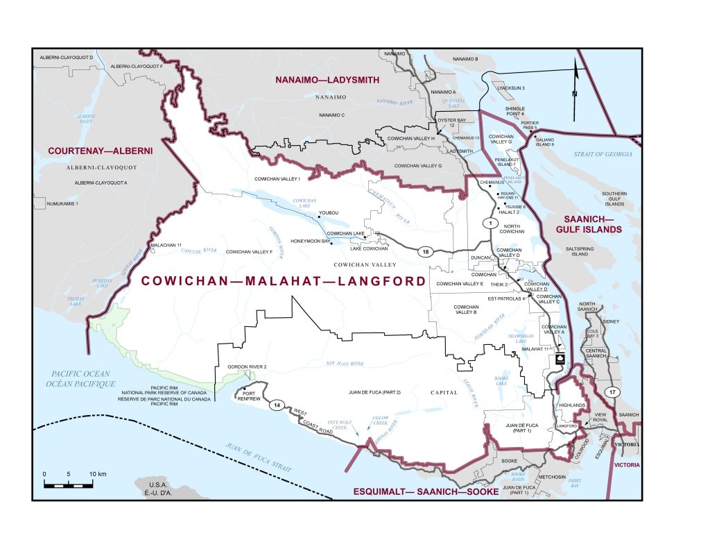 A map with labels and boundaries of the Cowichan-Malahat-Langford electoral area for the 2025 federal election.