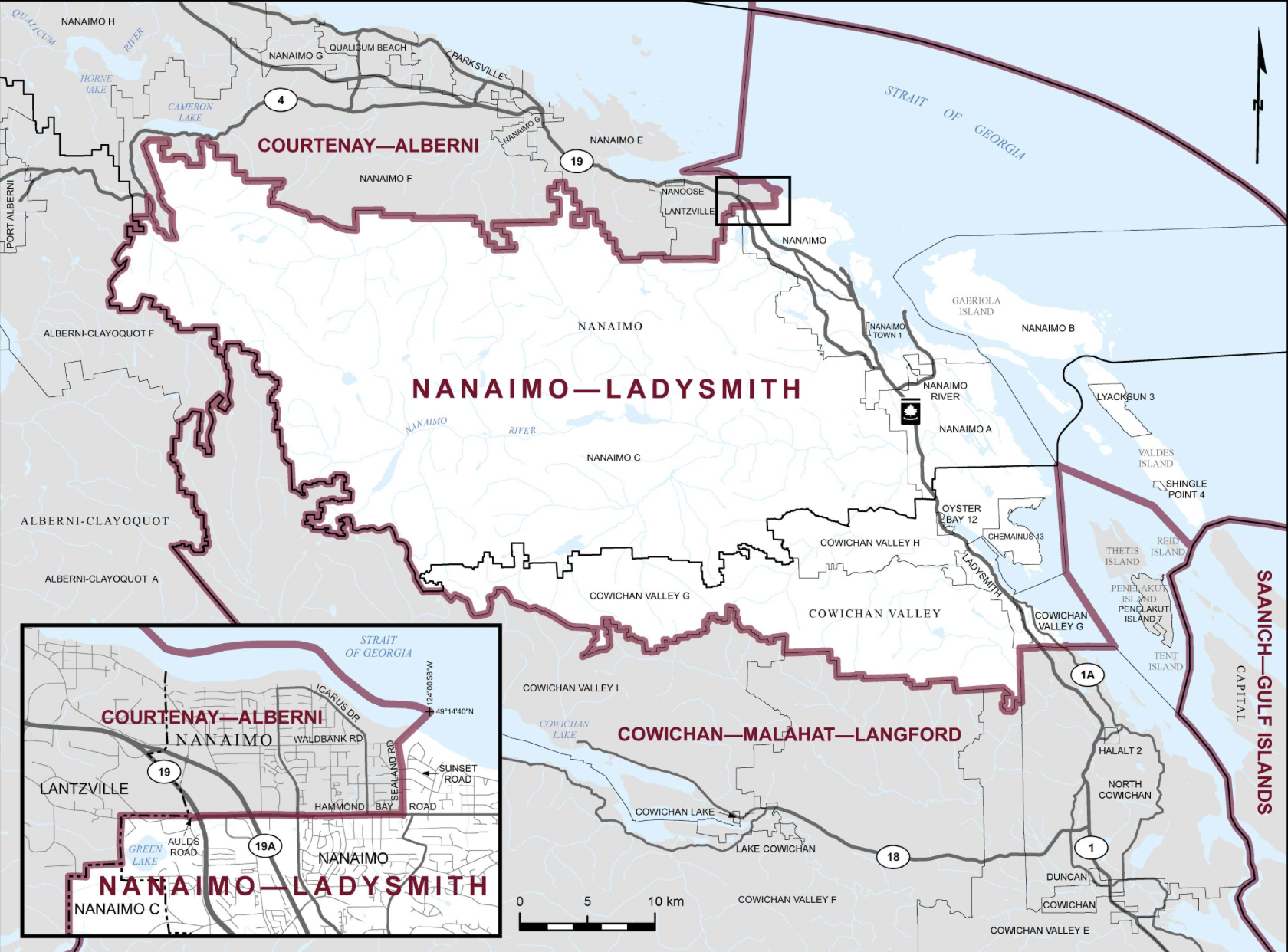 Map of the Nanaimo-Ladysmith riding in 2025