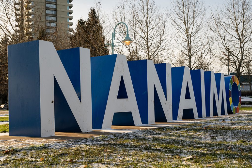 Photo of a sign reading Nanaimo in Maffeo Sutton Park.