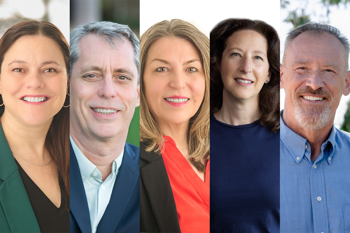Federal election candidates in Nanaimo—Ladysmith include (from left to right) Lisa Marie Barron (NDP), Paul Manly (Green), Michelle Corfield (Liberal), Tamara Kronis (Conservative) and Stephen Welton (PPC).