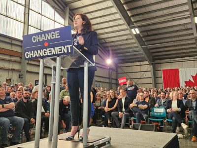 Conservative candidate Tamara Kronis speaking at a rally in Nanoose Bay during the 2025 election.