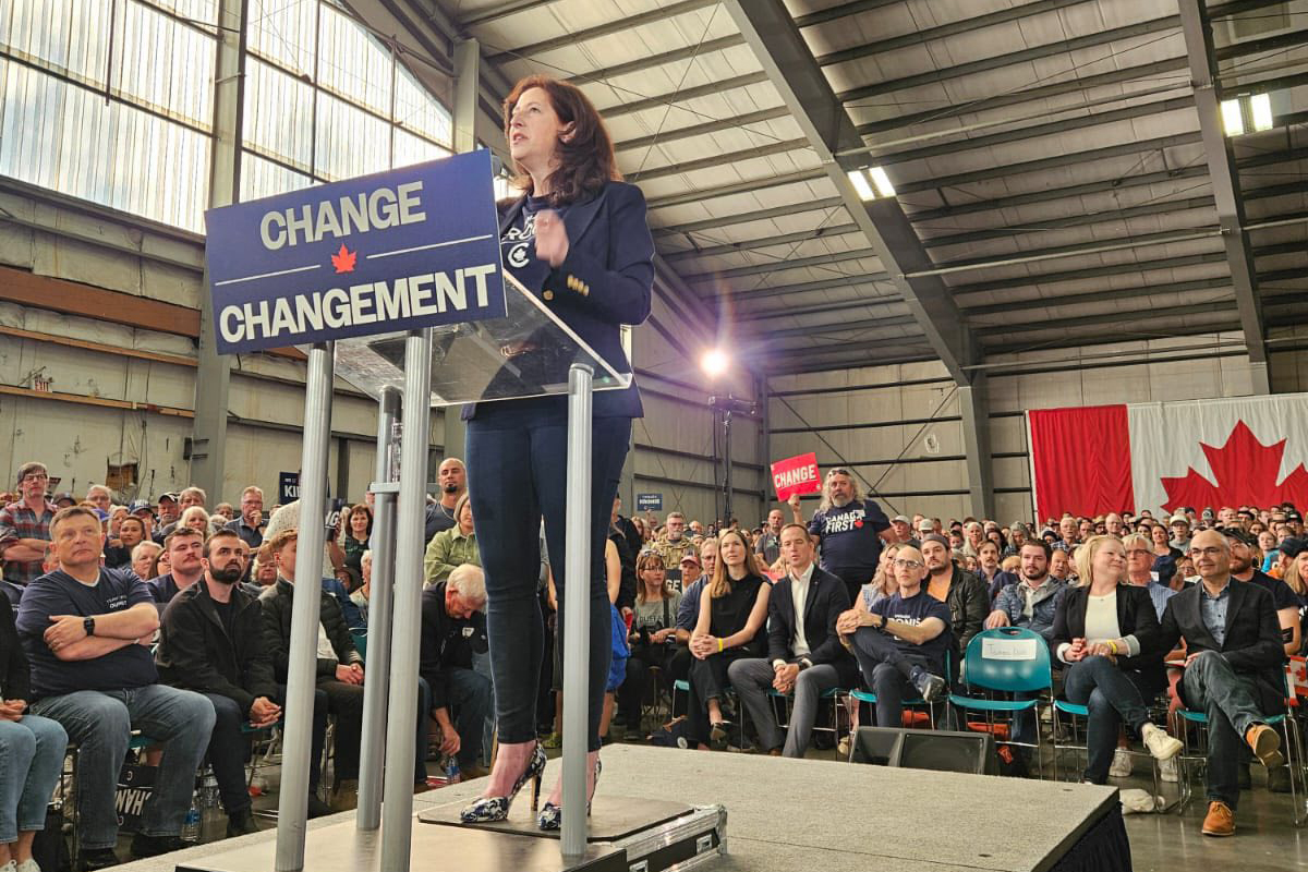 Conservative candidate Tamara Kronis speaking at a rally in Nanoose Bay during the 2025 election.
