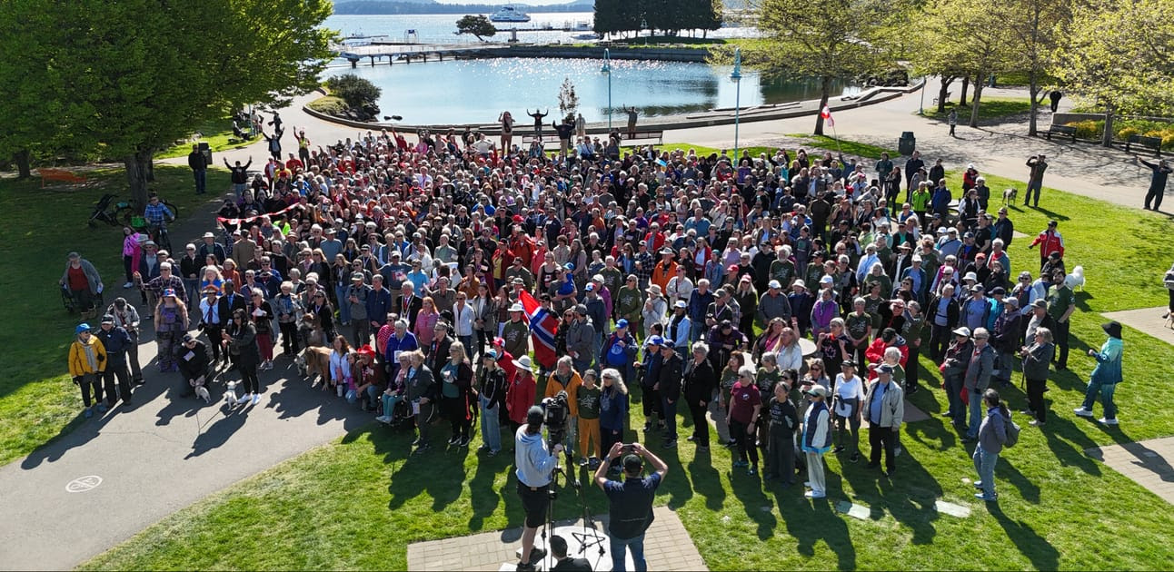 Hundreds of people from Tod's Nanaimo Infusion standing in Maffeo Sutton Park for a photo from a drone.