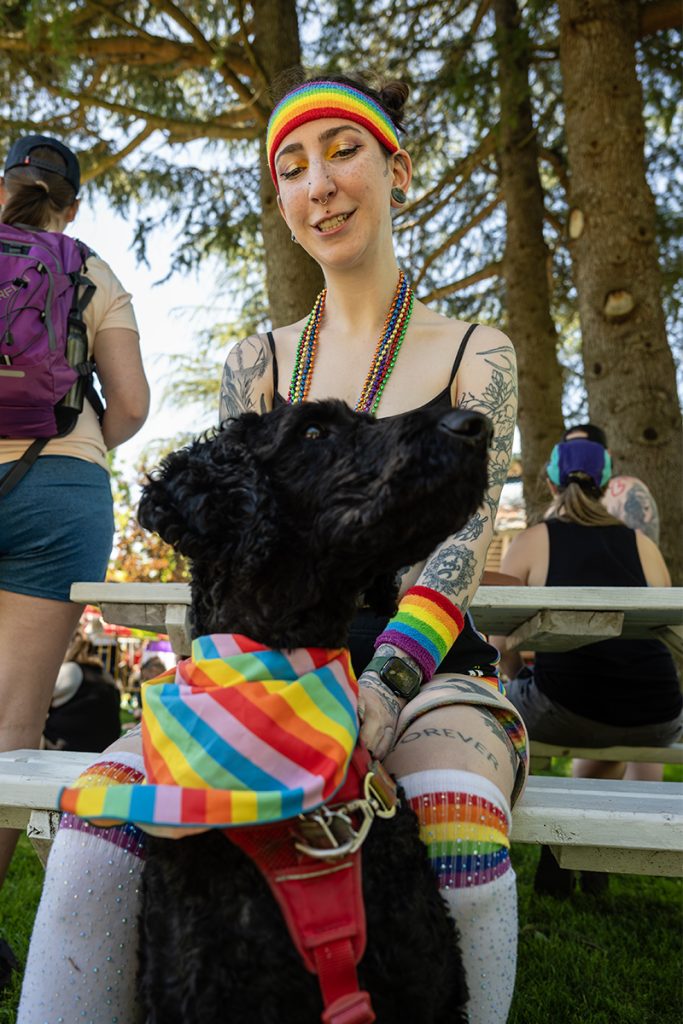 Daley Jenkins and Ducky the dog at the Nanaimo Pride Festival.