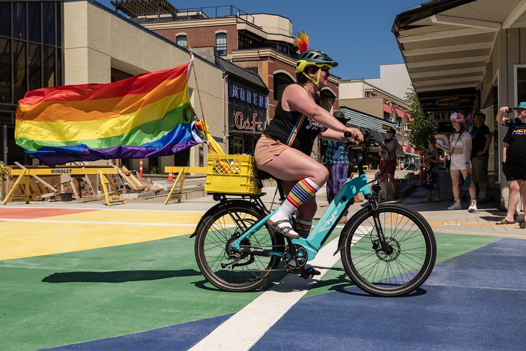 A person rides an ebike in the Nanaimo Pride Parade on Sunday, June 8, 2025.
