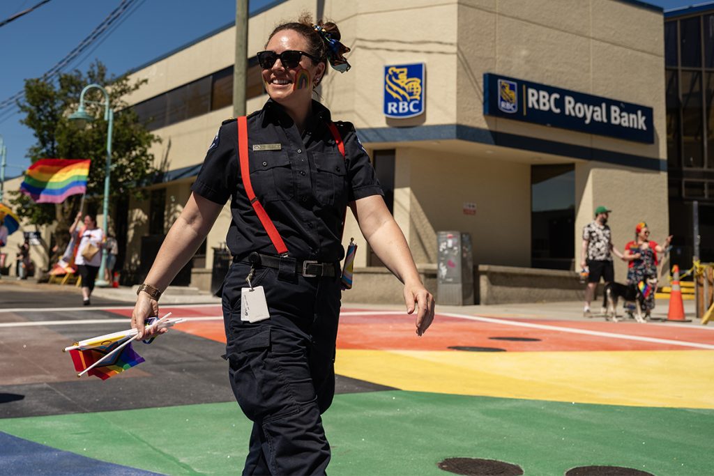 A firefighter marches in the Nanaimo Pride Parade on Sunday, June 8, 2025.
