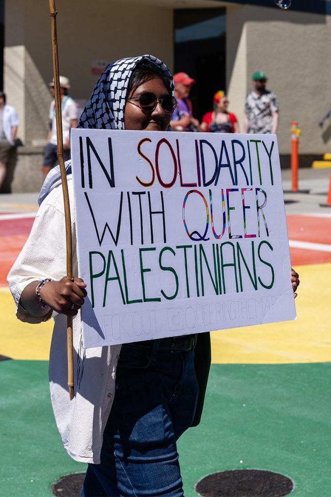 A Palestine solidarity contingent marches in the Nanaimo Pride Parade on Sunday, June 8, 2025.