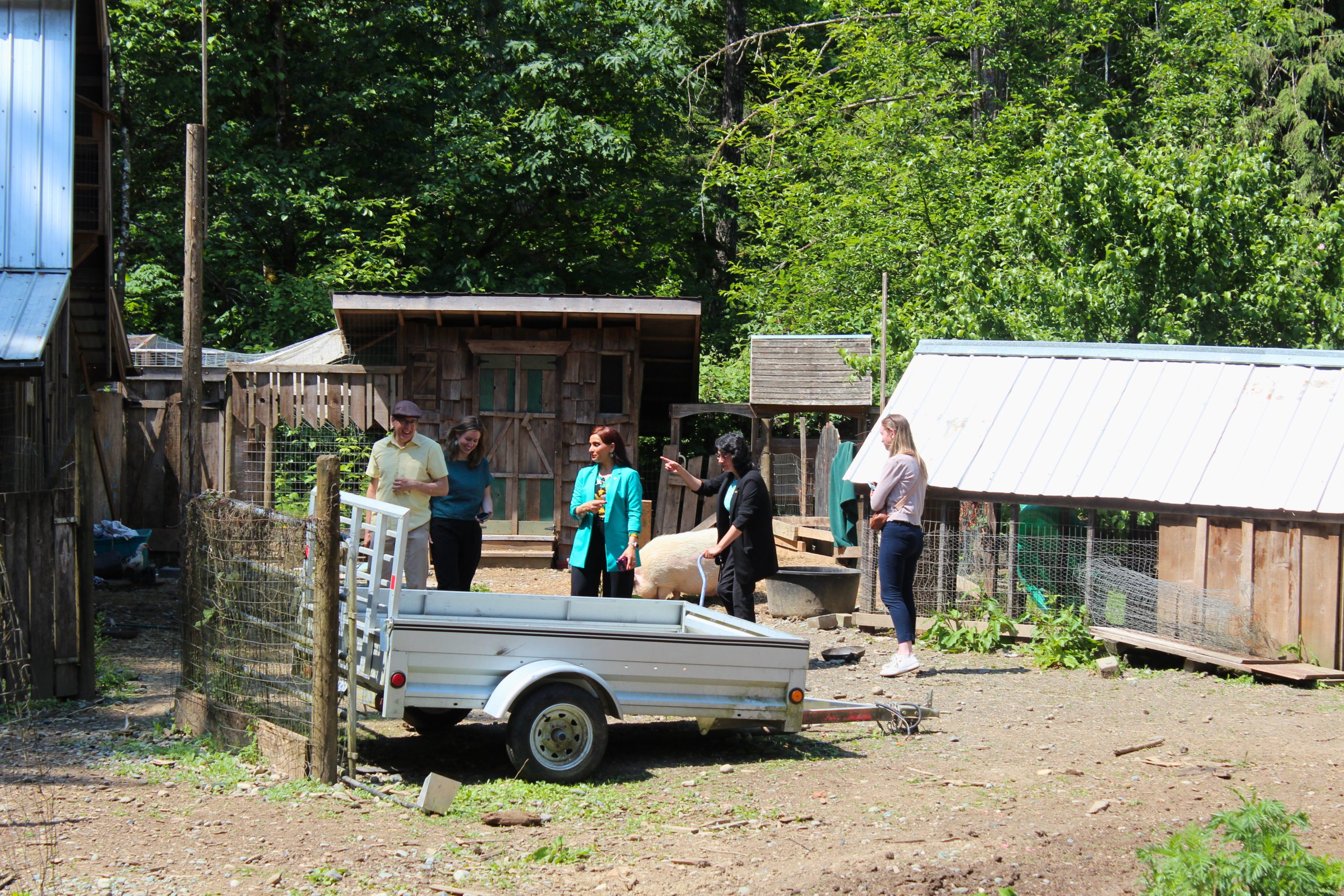 A group of people stand in the middle of wooden farm structures.