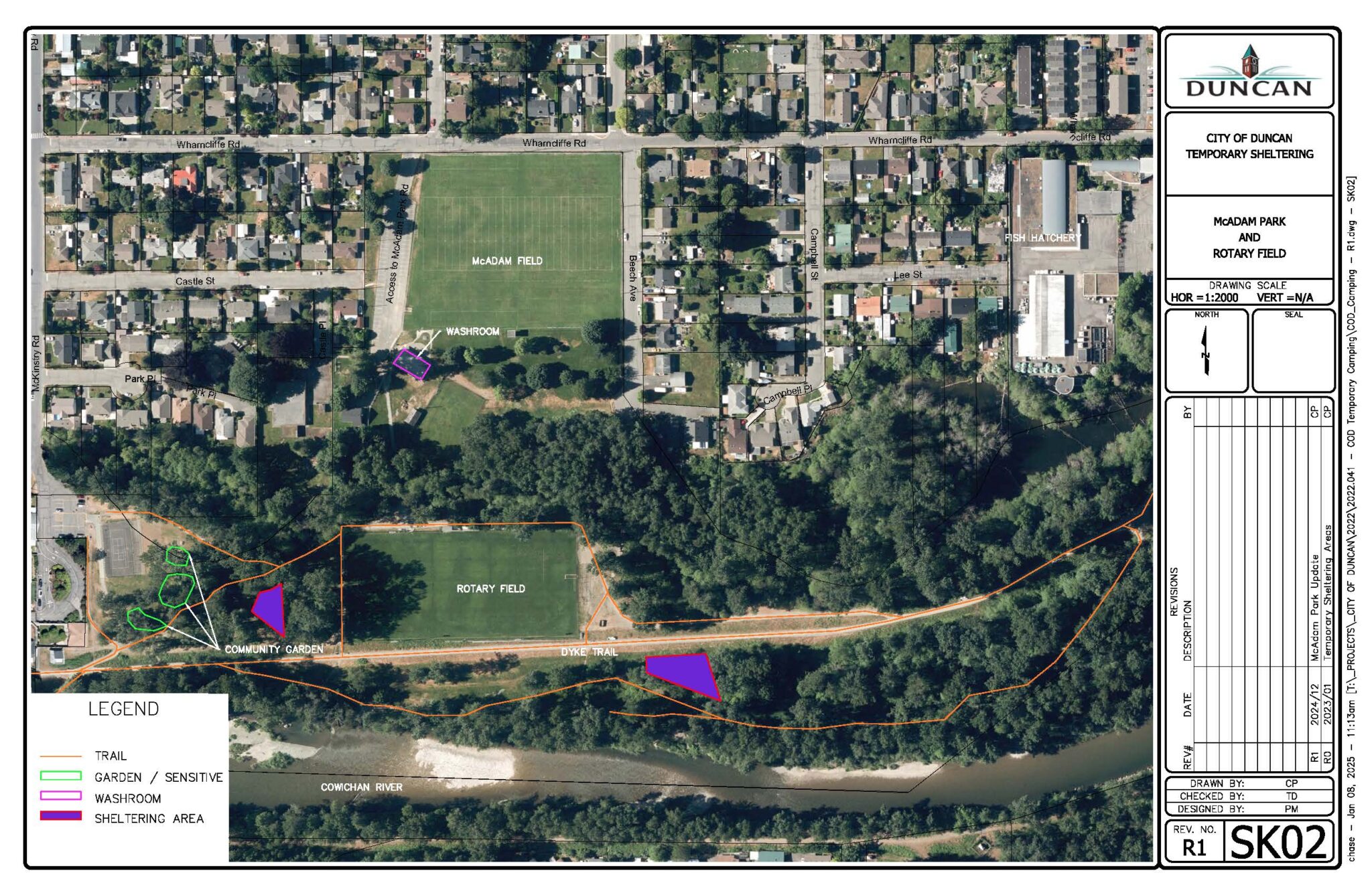 An overhead map of Rotary park showing where sheltering overnight is permitted within the City of Duncan.