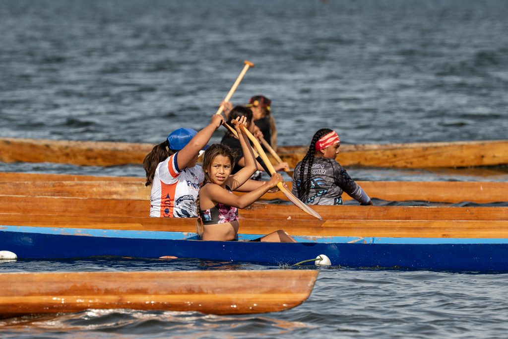 Young girls line up for a canoe race at Snuneymuxw Days 2025..