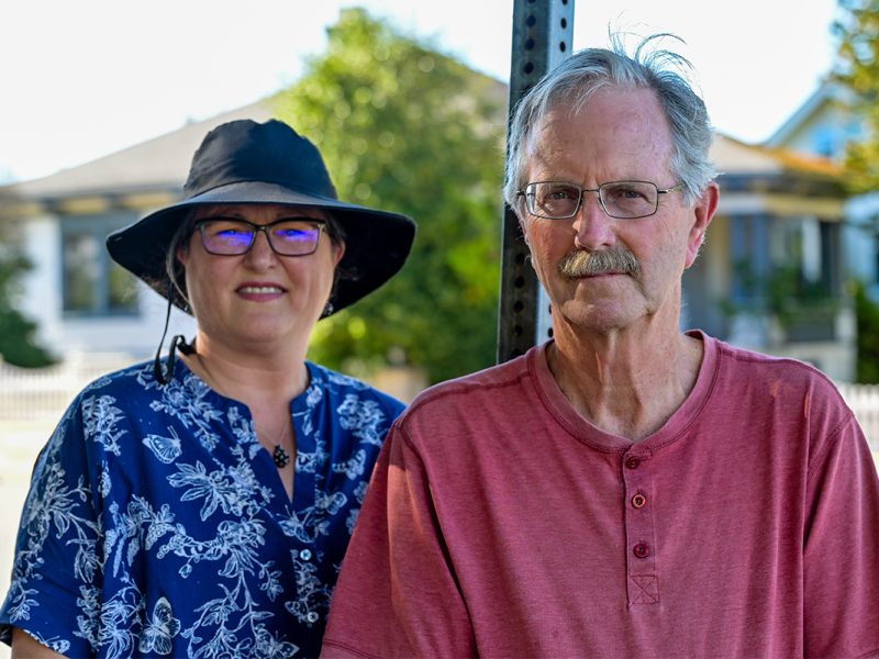 Karen Kuwica (left) and Fred MacDonald from the Newcastle Community Association want the proposed supportive housing building at 250 Terminal Ave. to be a “dry” building, something that is supported by the City of Nanaimo but has been rejected by the Minister of Housing. Photo by Mick Sweetman / The Discourse.