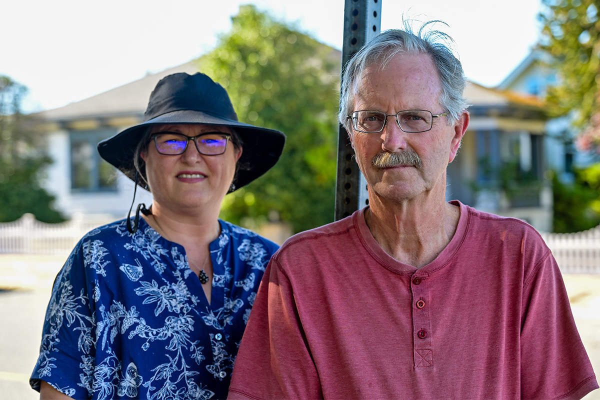 Karen Kuwica (left) and Fred MacDonald from the Newcastle Community Association want the proposed supportive housing building at 250 Terminal Ave. to be a “dry” building, something that is supported by the City of Nanaimo but has been rejected by the Minister of Housing. Photo by Mick Sweetman / The Discourse.