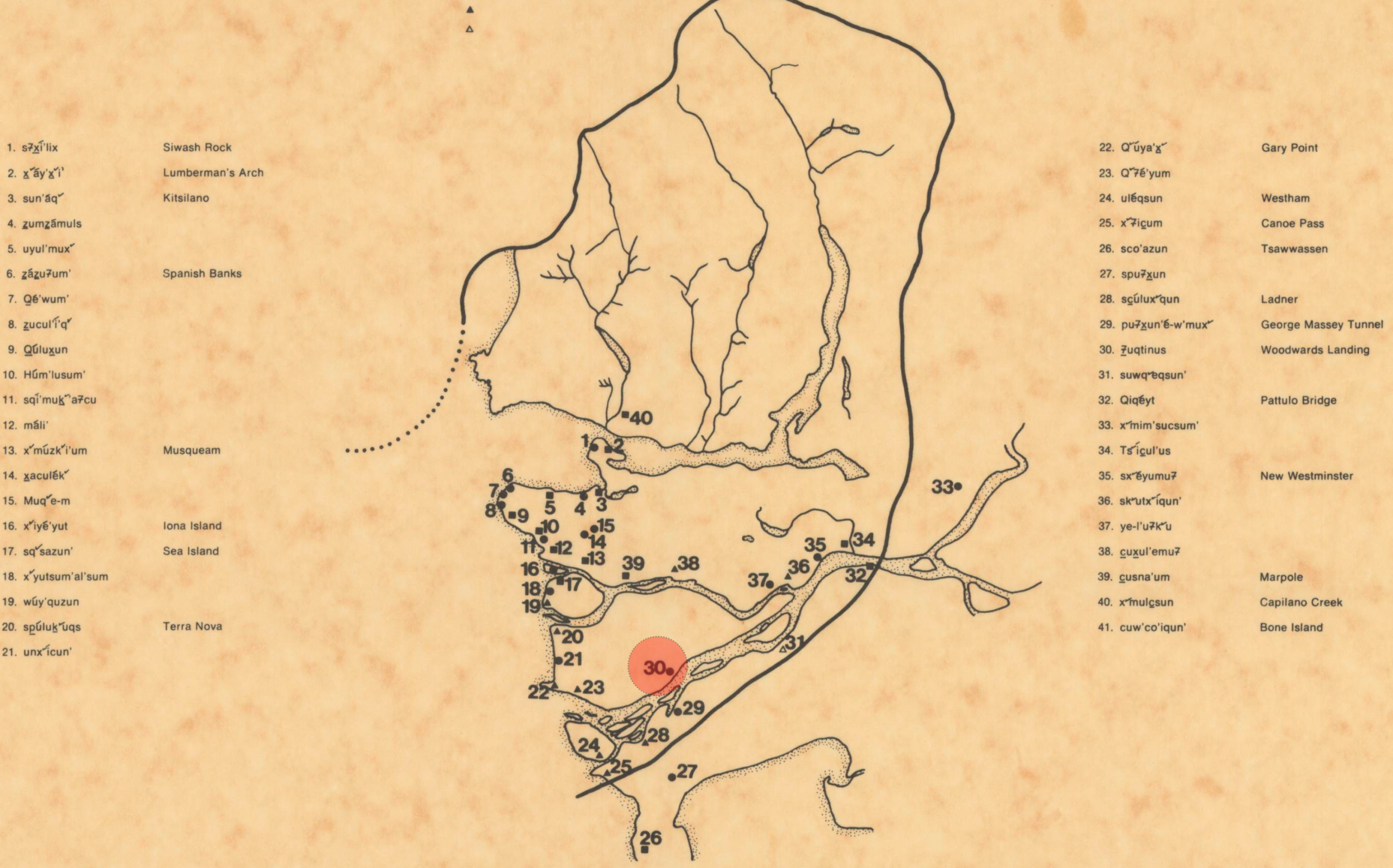 A map detailing the 1976 Musqueam Declaration of villages in xʷməθkʷəy̓əm (Musqueam) territories.