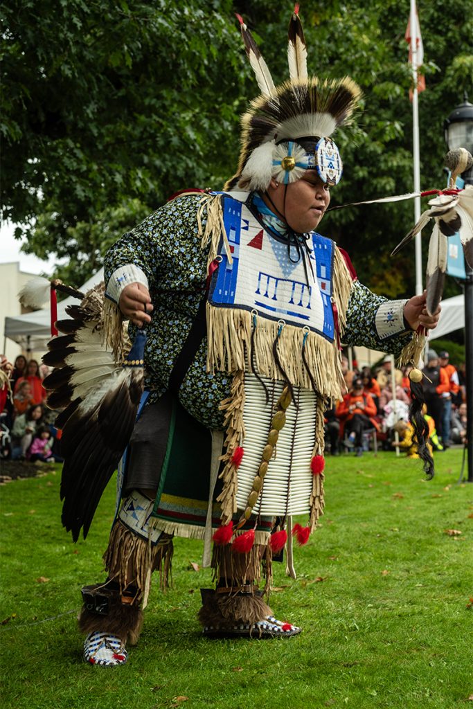 A dancer whose Dakota name translates into Circling Buffalo, displays his family’s dancing style and regalia at the Every Child Matters march in Duncan on Sept. 30, 2025.