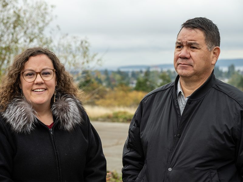 Snuneymuxw First Nation Chief Mike Wyse (Xumtilum), right, stands with federal Minister of Crown-Indigenous Relations Rebecca Atly at the site of te’tuxwtun (Mount Benson) — where 80 hectares were added to the First Nation’s reserve lands on Oct. 16.