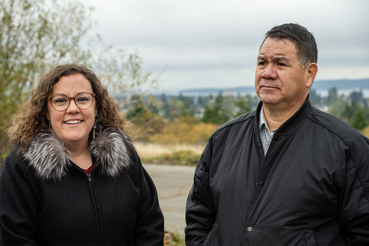 Snuneymuxw First Nation Chief Mike Wyse (Xumtilum), right, stands with federal Minister of Crown-Indigenous Relations Rebecca Atly at the site of te’tuxwtun (Mount Benson) — where 80 hectares were added to the First Nation’s reserve lands on Oct. 16.