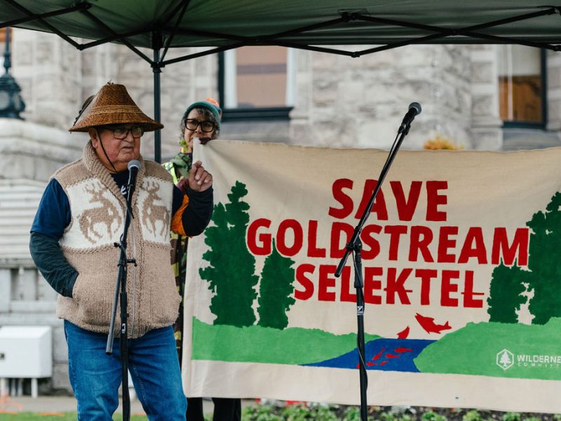 Carl Olsen addresses protestors who oppose the Malahat Safety Improvement Project at the Victoria Legislature.