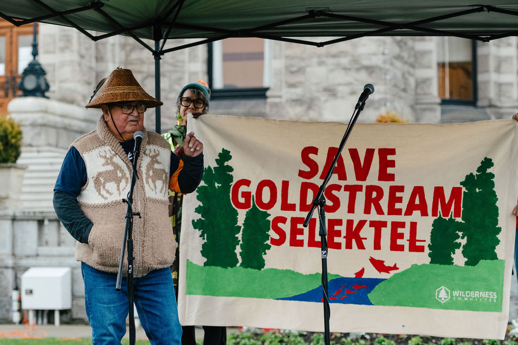 Carl Olsen addresses protestors who oppose the Malahat Safety Improvement Project at the Victoria Legislature.