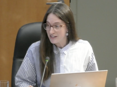 An incredulous Nanaimo City Councillor Hilary Eastmure responds to a comment from Nanaimo Mayor Leonard Krog during a debate on provincial drug policy during the Dec. 1, 2025 city council meeting. Screenshot courtesy of the City of Nanaimo.
