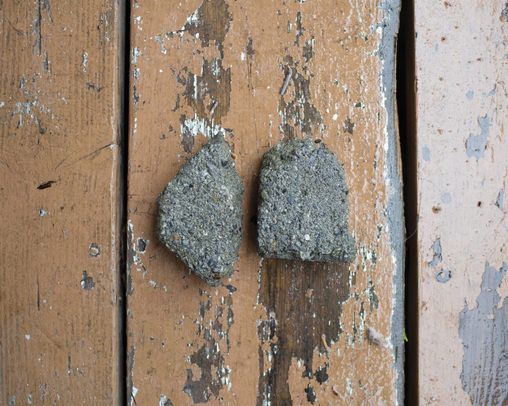 Two rocks, similar in size, next to each other on what appears to be a wooden table.