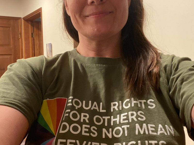 Krisit Koons wearing a T-shirt that reads 'Equal rights for others does not mean fewer rights for you', which she wore to the Pierre Poilievre Town Hall in Duncan.