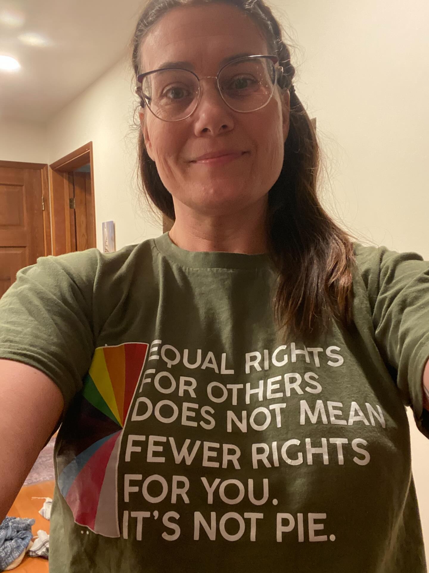 Krisit Koons wearing a T-shirt that reads 'Equal rights for others does not mean fewer rights for you', which she wore to the public town hall in Duncan.