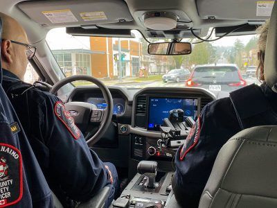 Nanaimo Community safety officers Adam Collishaw and Tracy Calverley drive an electric truck during their rounds on Wednesday, Jan. 13, 2026.
