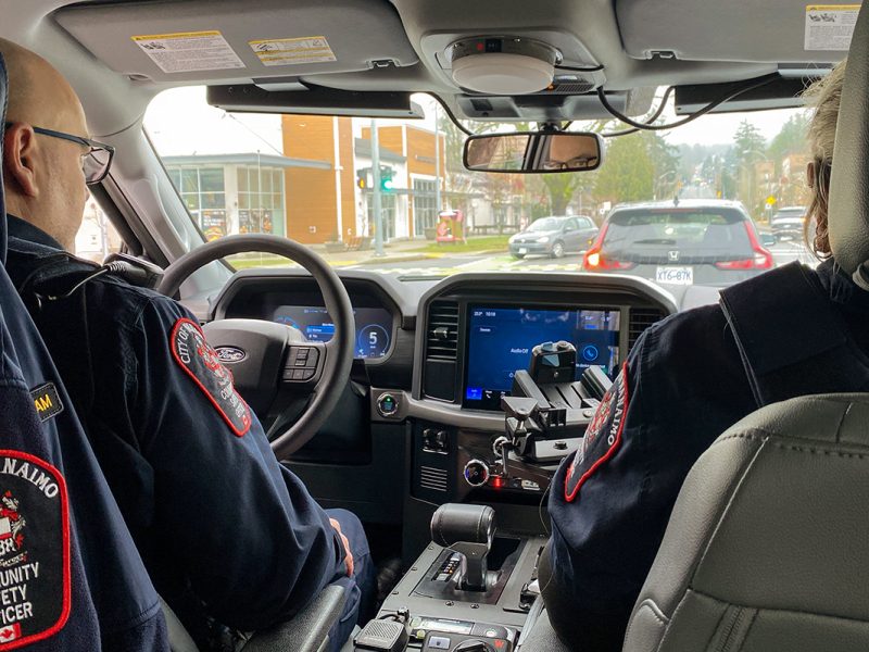 Nanaimo Community safety officers Adam Collishaw and Tracy Calverley drive an electric truck during their rounds on Wednesday, Jan. 13, 2026.